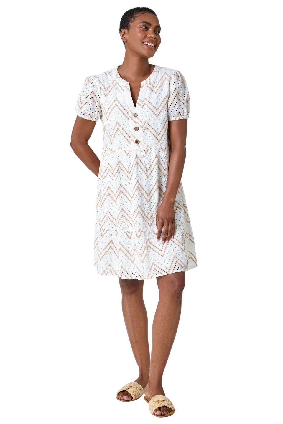 Roman Cream Zig-Zag Embroidered Cotton Tunic Dress