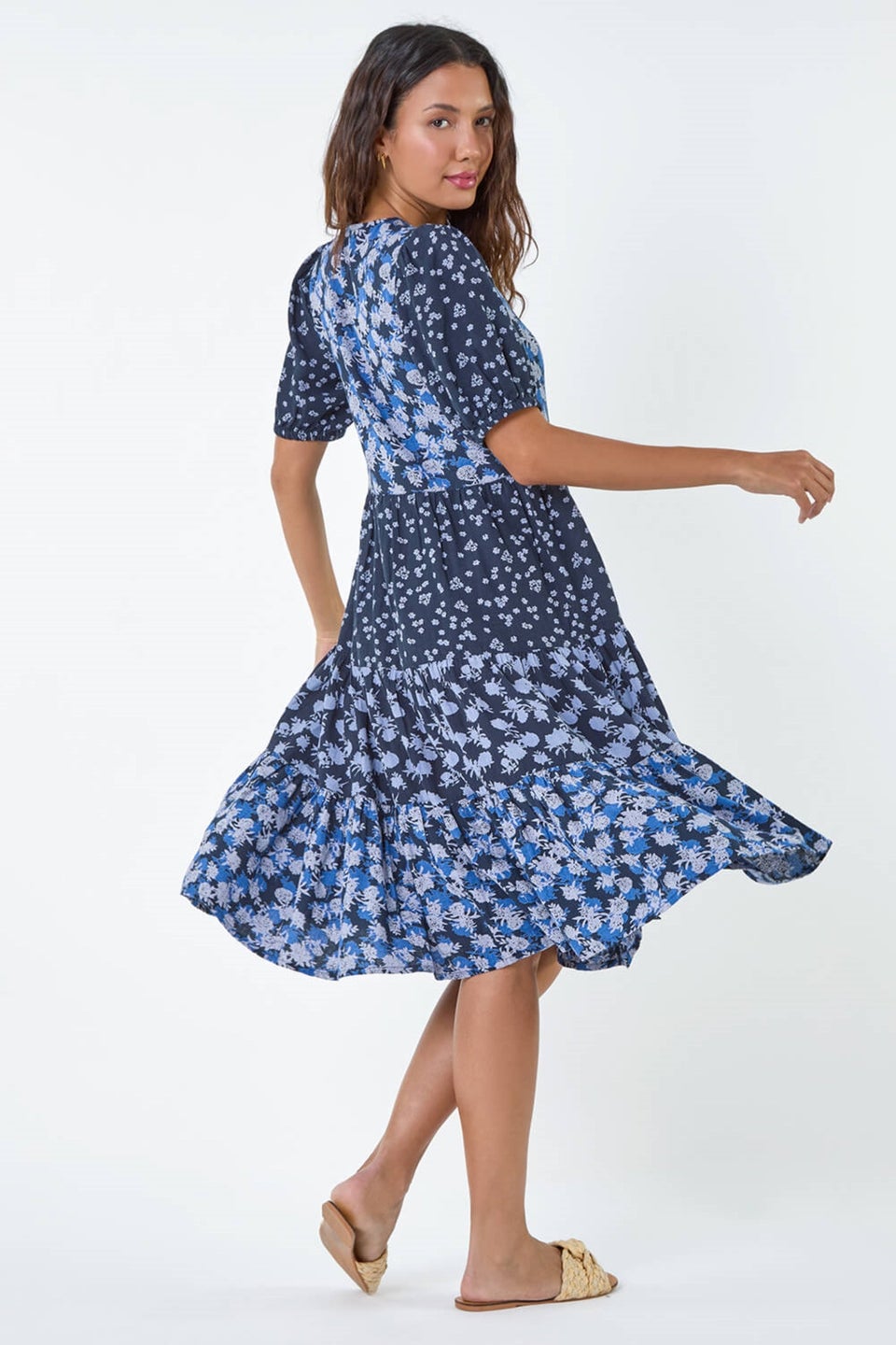 Roman Navy Floral Cotton Blend Tiered Smock Dress