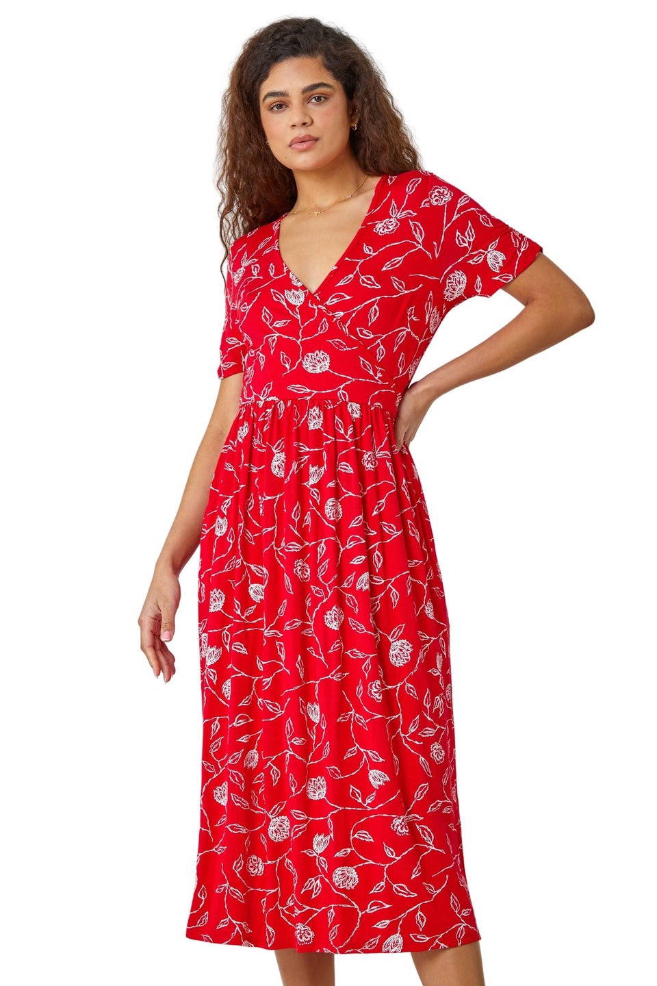 Roman Red Floral Print Stretch Wrap Midi Dress Matalan