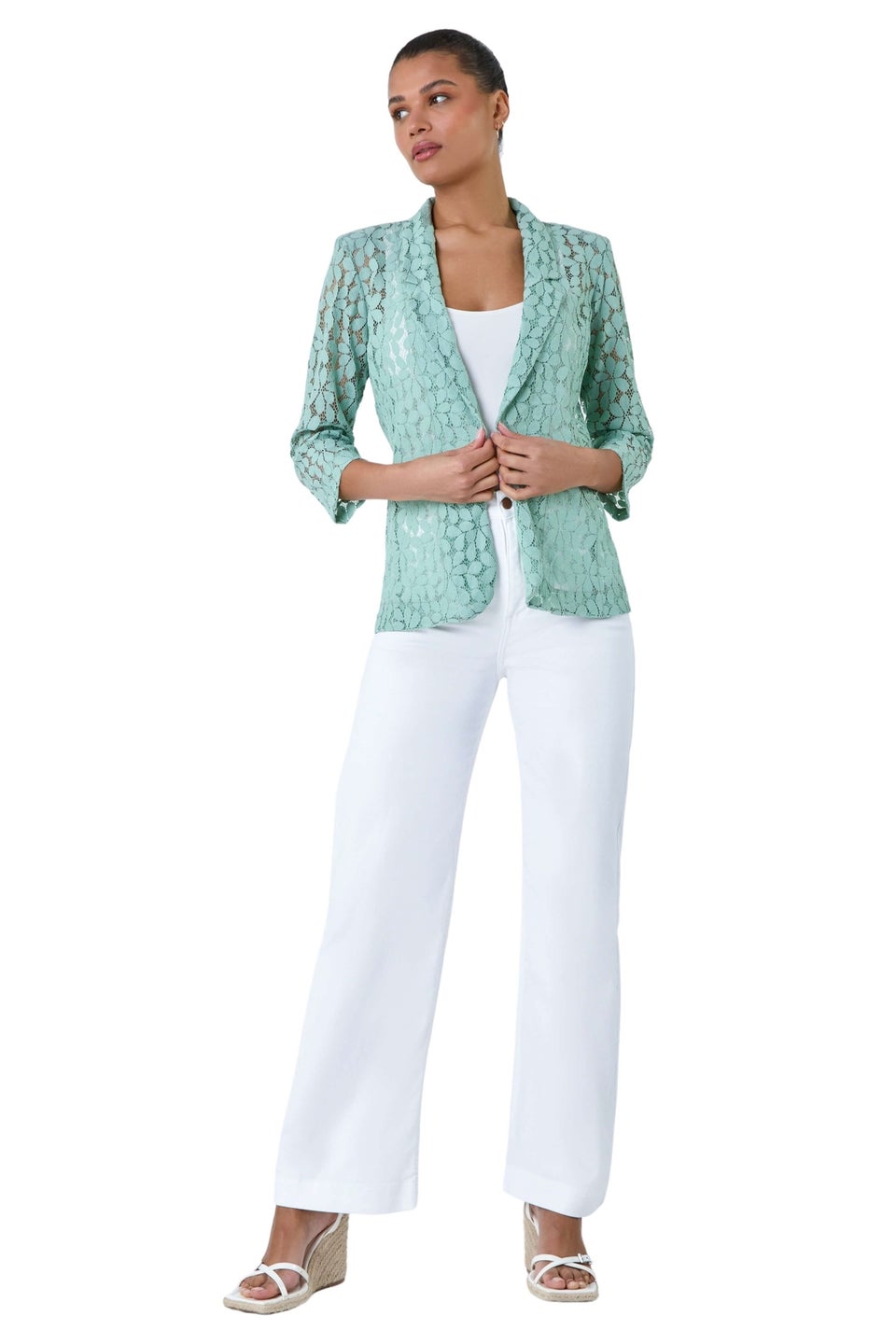 Roman Sage 3/4 Sleeve Floral Lace Blazer Jacket