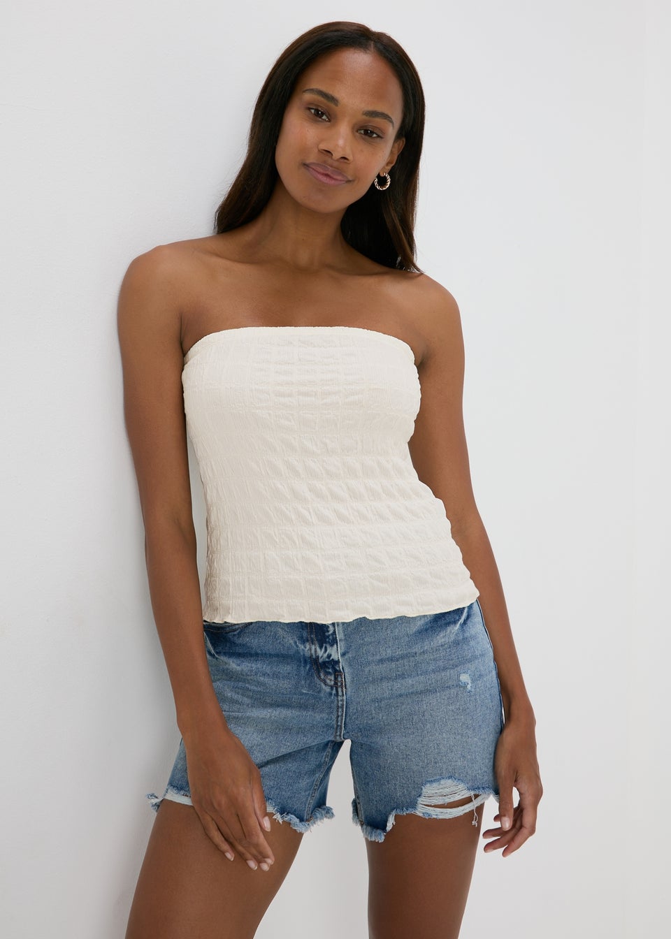 Cream Shirred Bandeau Crop Top