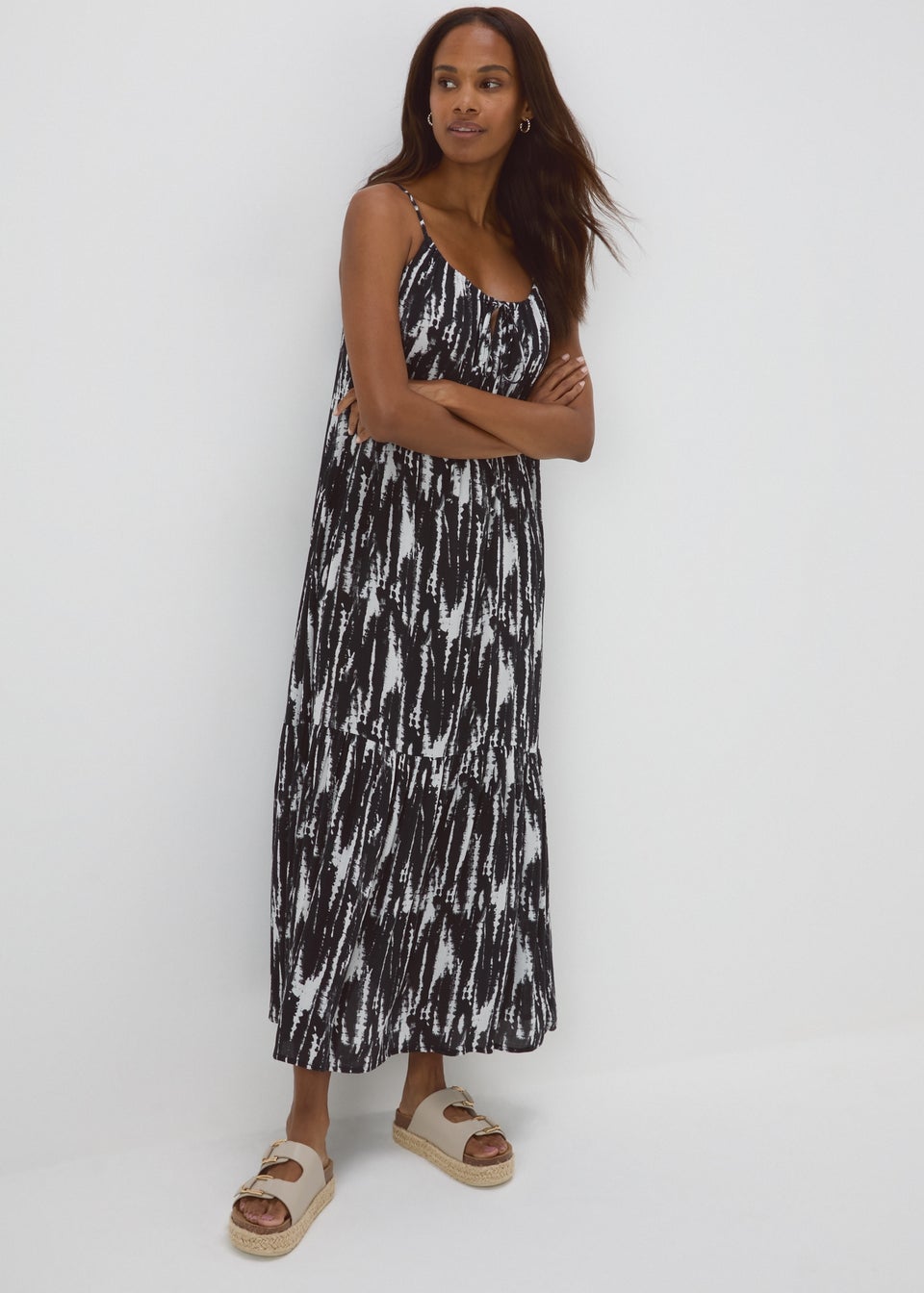 Black Printed Tiered Cami Dress