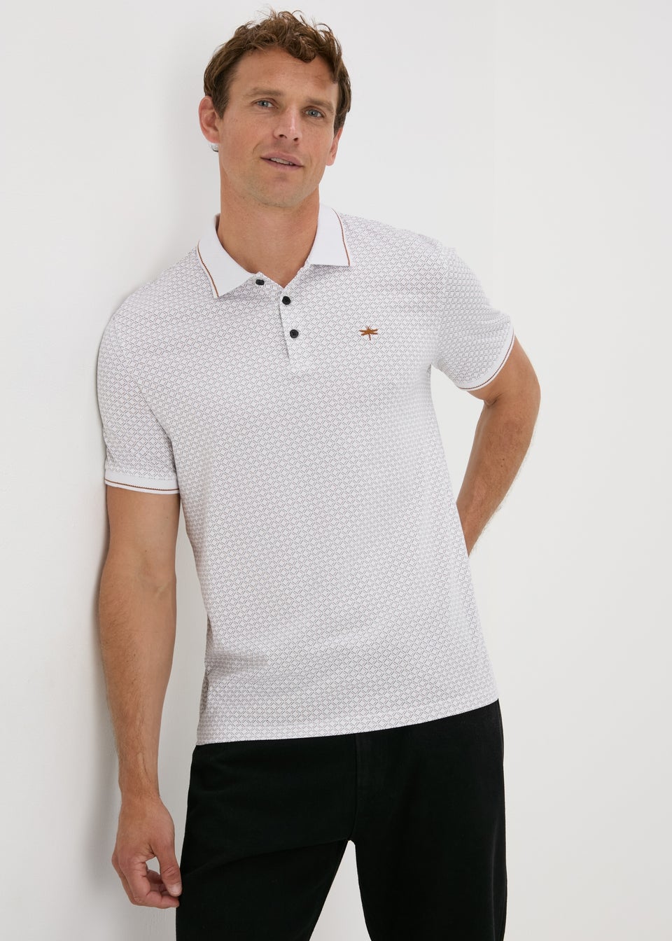 White Geometric Pattern Polo Shirt Matalan