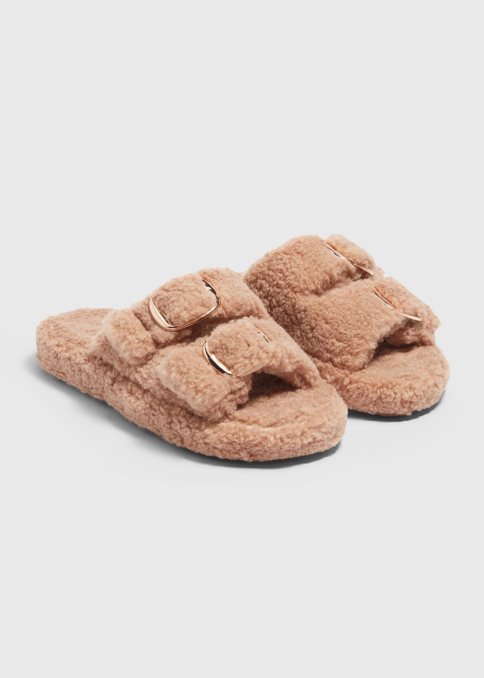 Taupe Double Buckle Borg Slippers