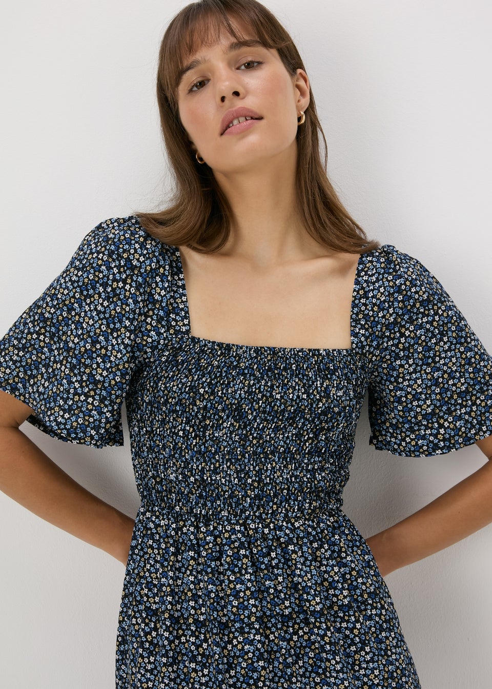 Blue Floral Shirred Bodice Mini Dress - Matalan