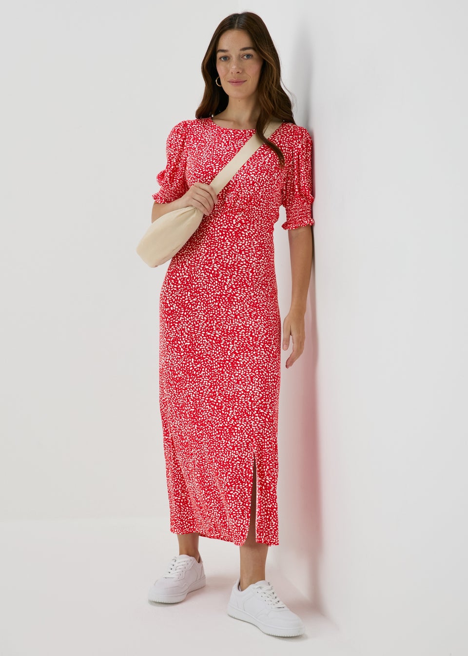 Red Textured Shirred Cuff Midi Dress