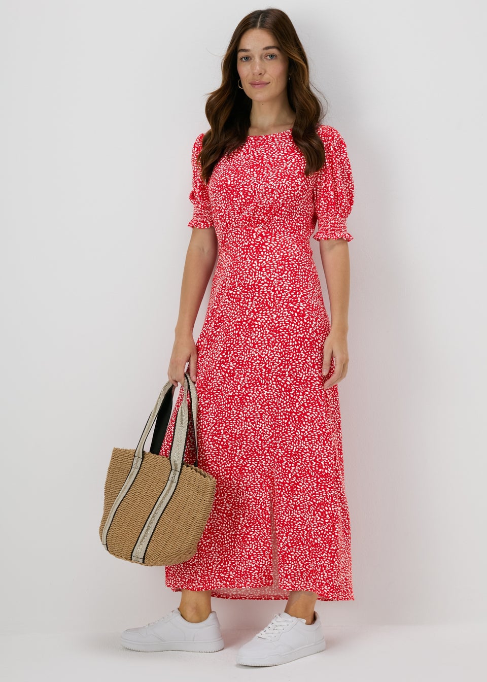 Red Textured Shirred Cuff Midi Dress