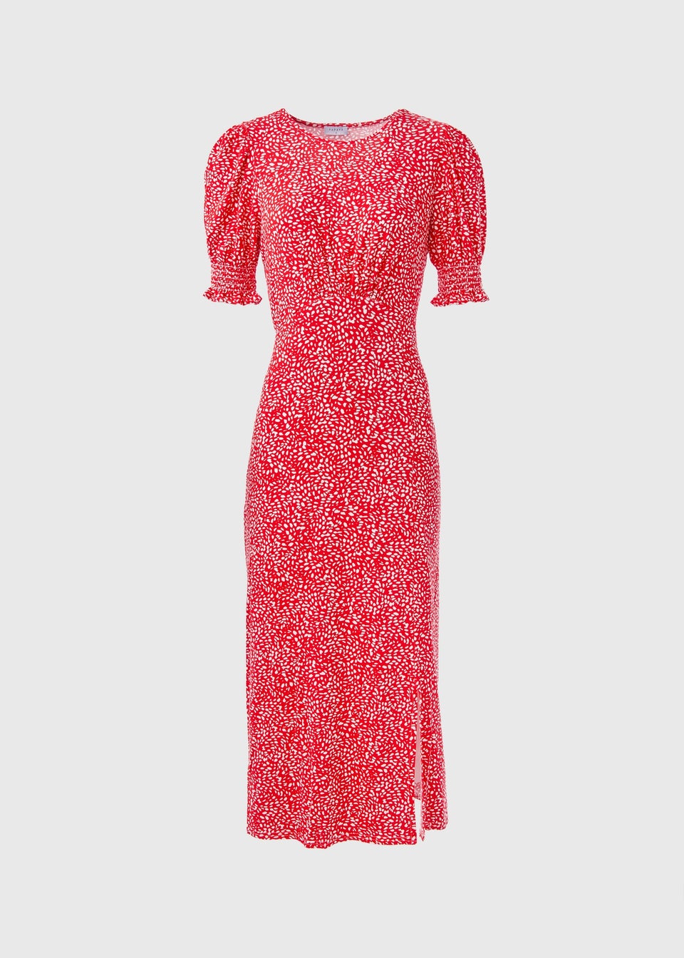 Red Textured Shirred Cuff Midi Dress