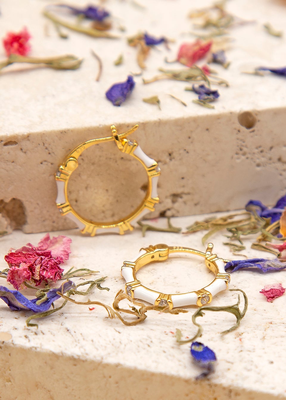Golden Moments Yellow Gold Plated CZs White Enamel Hoop Earrings