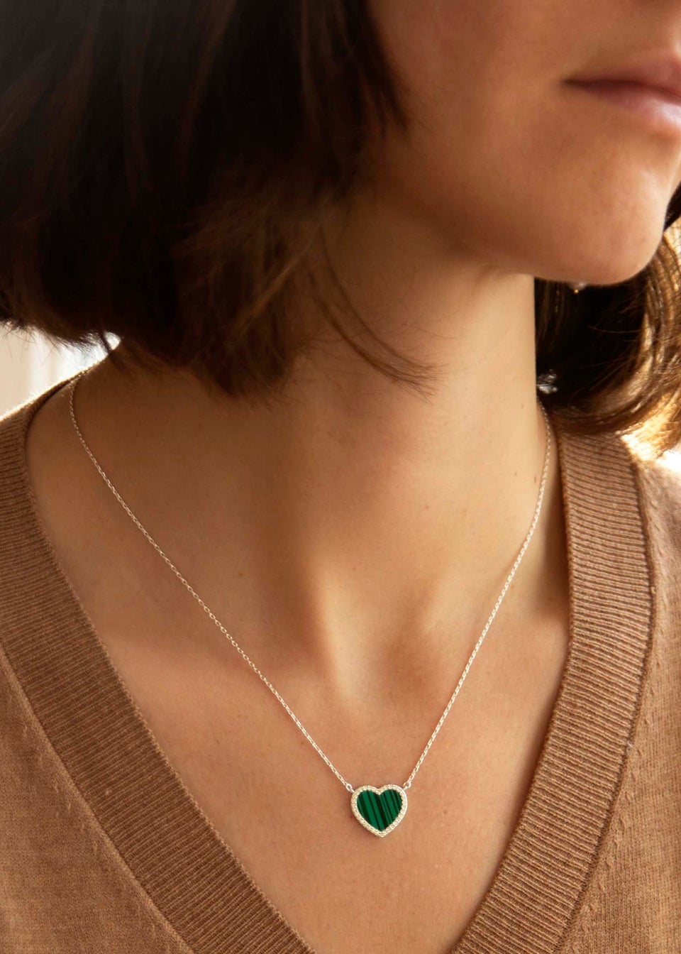 Golden Moments Sterling Silver Heart Malachite and CZ Necklace