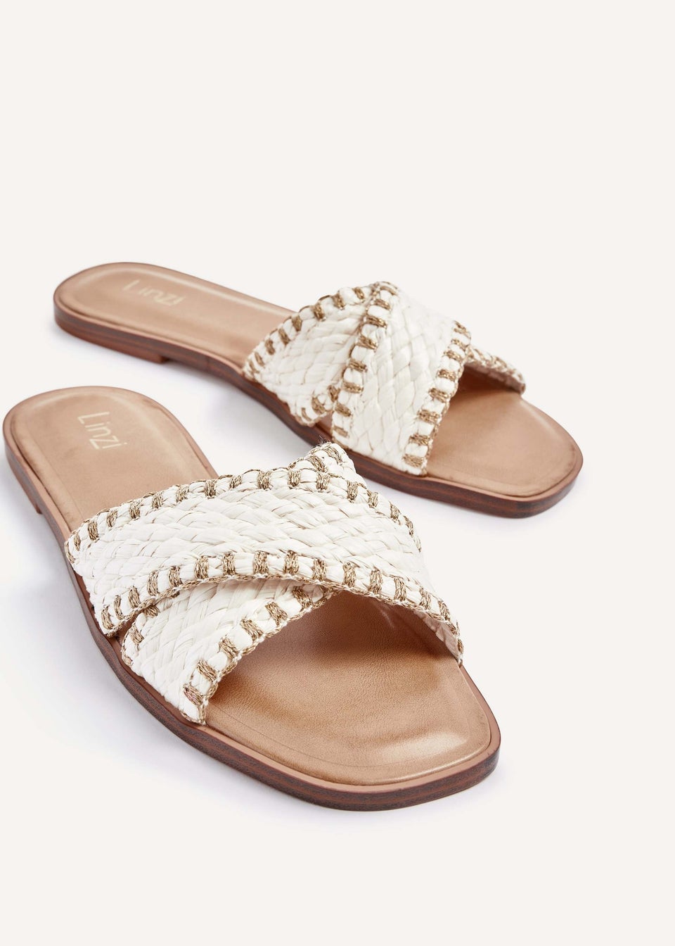 Linzi Honey White & Gold Woven Crossover Flat Slider Sandals