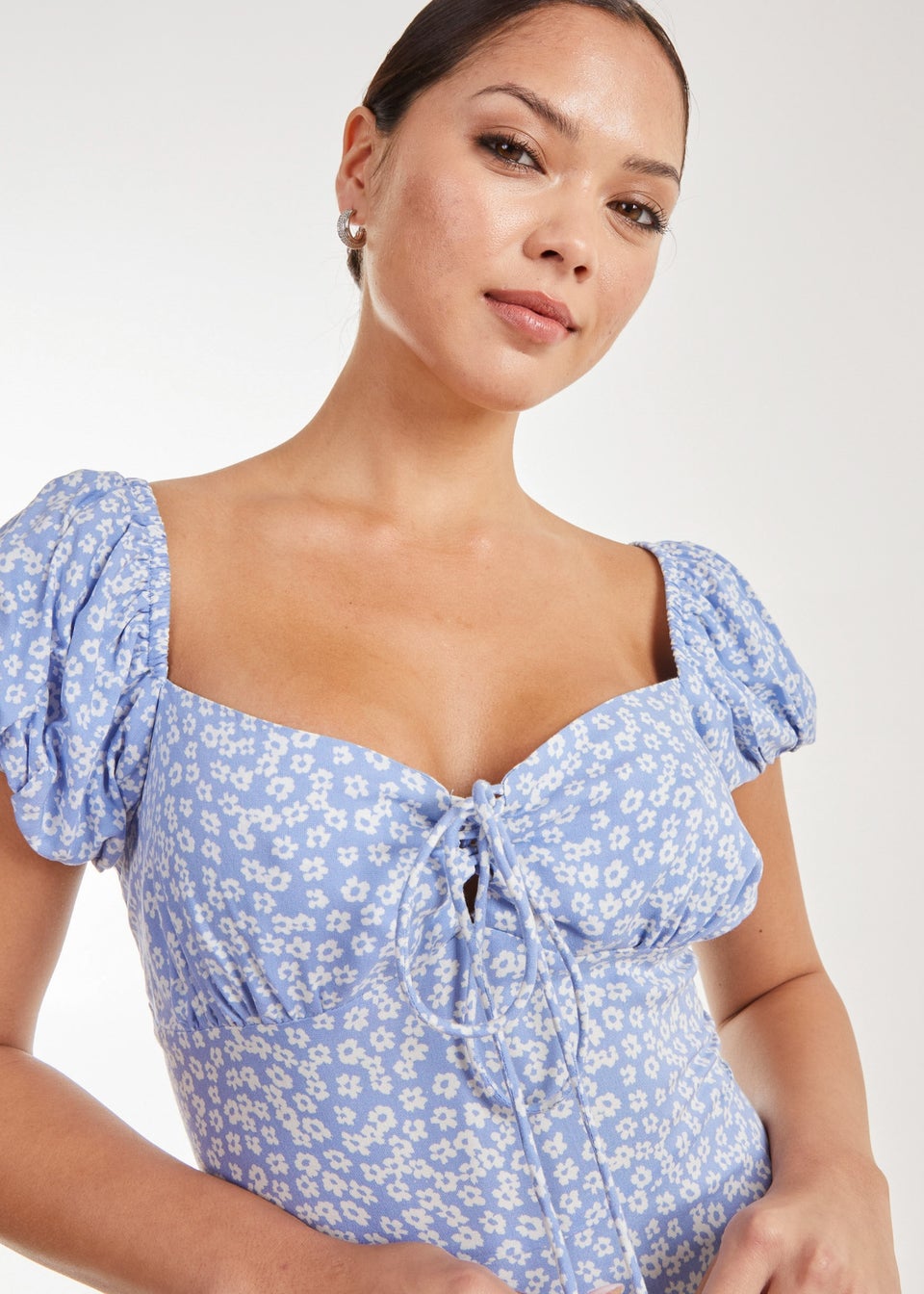 Pink Vanilla Blue Lace Up Puff Sleeve Mini Dress