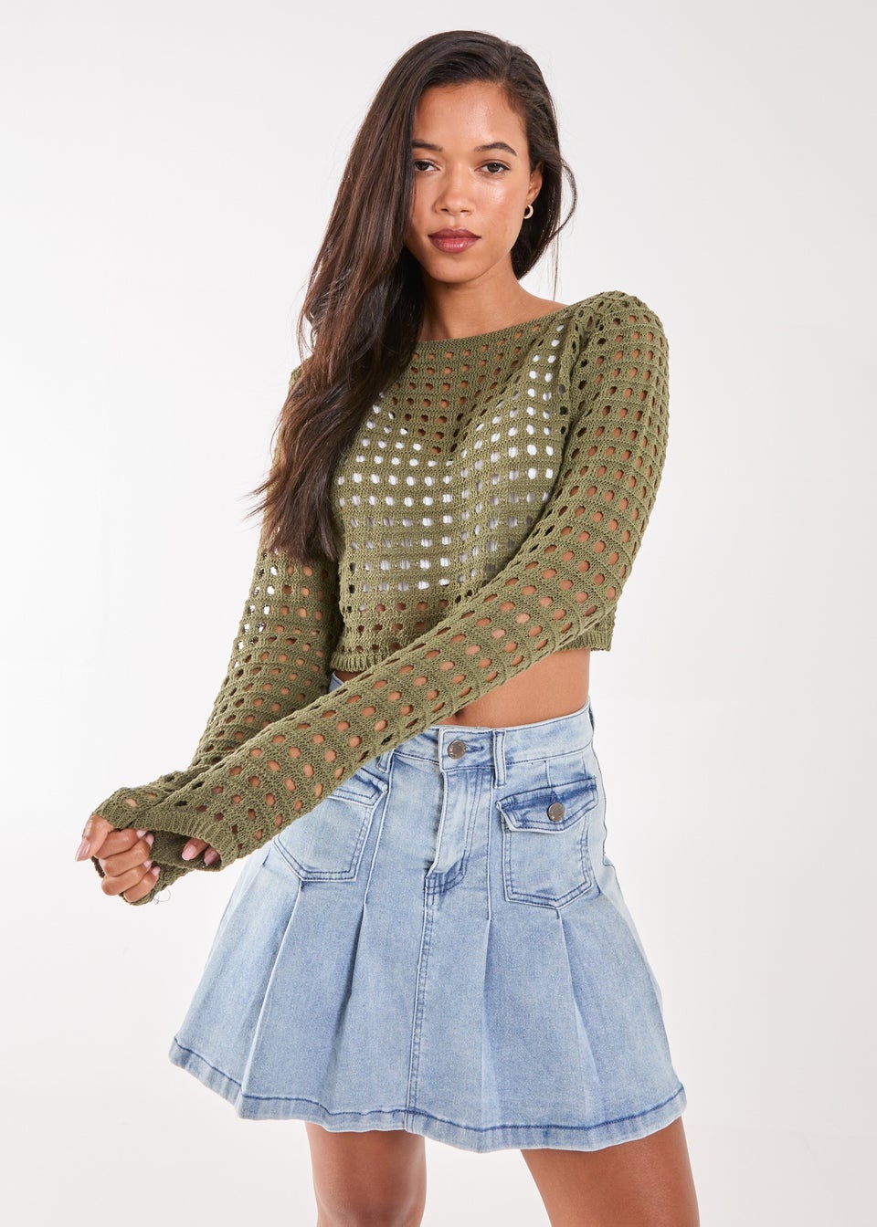 Pink Vanilla Khaki Long Sleeve Crochet Top Matalan