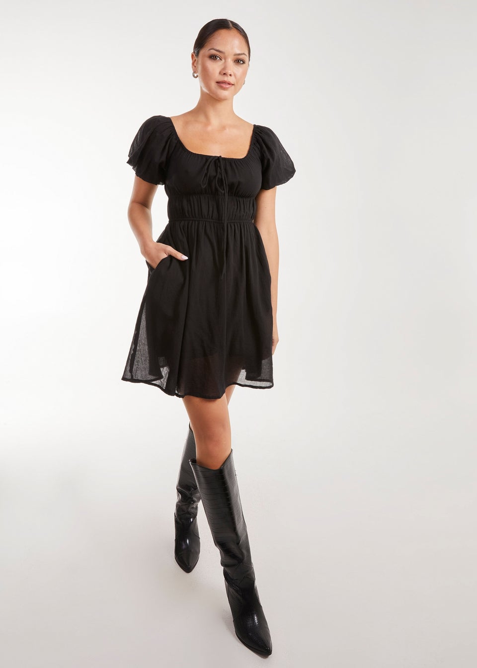 Pink Vanilla Black Puff Sleeve Mini Dress with Shorts