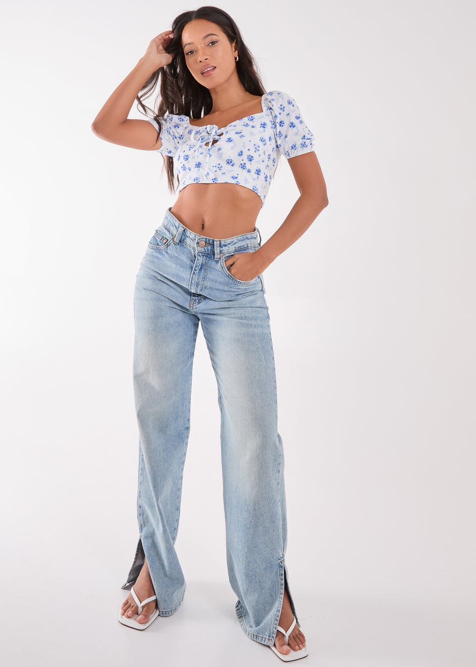 Pink Vanilla Blue Floral Puff Sleeve Crop Top