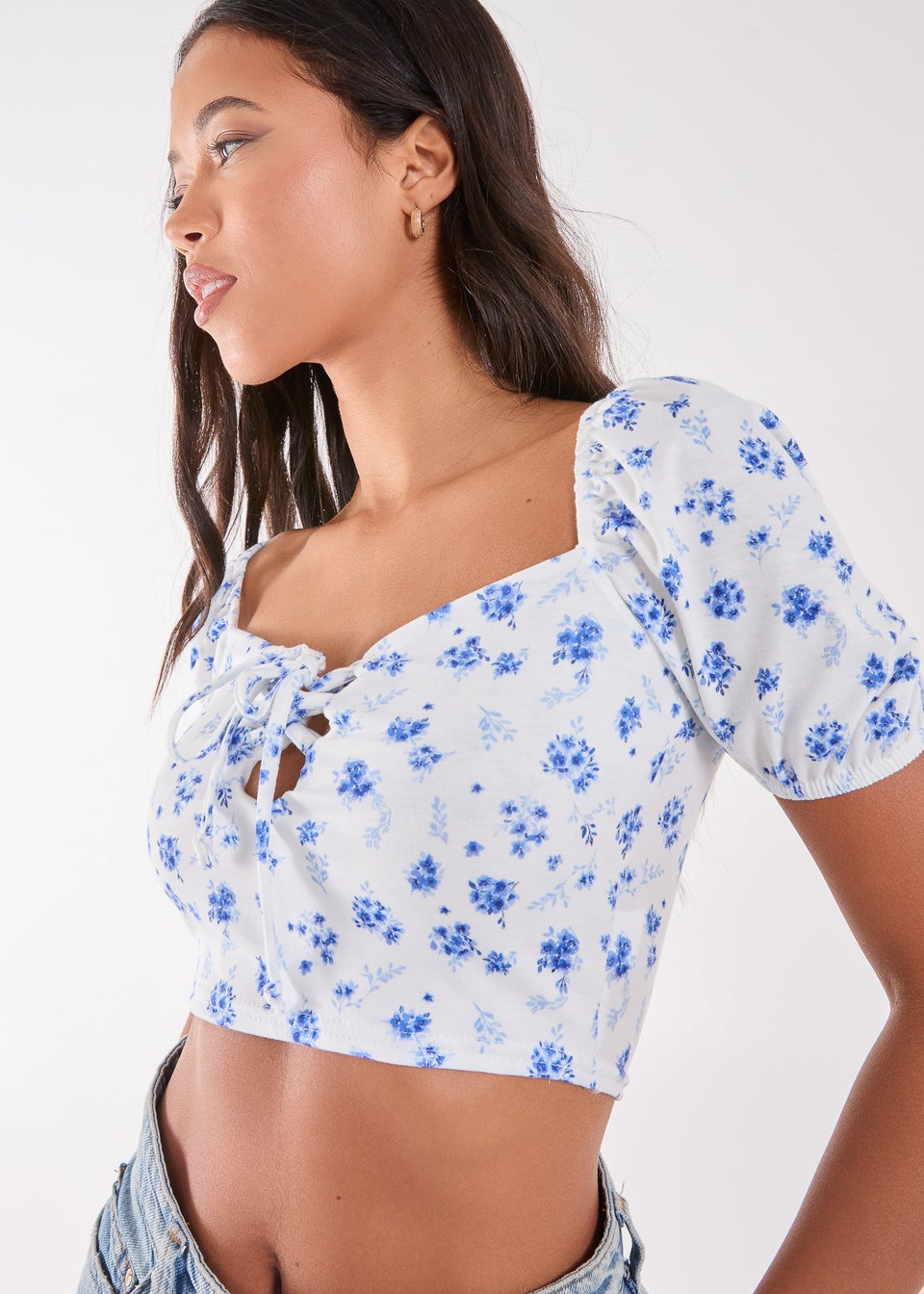 Pink Vanilla Blue Floral Puff Sleeve Crop Top