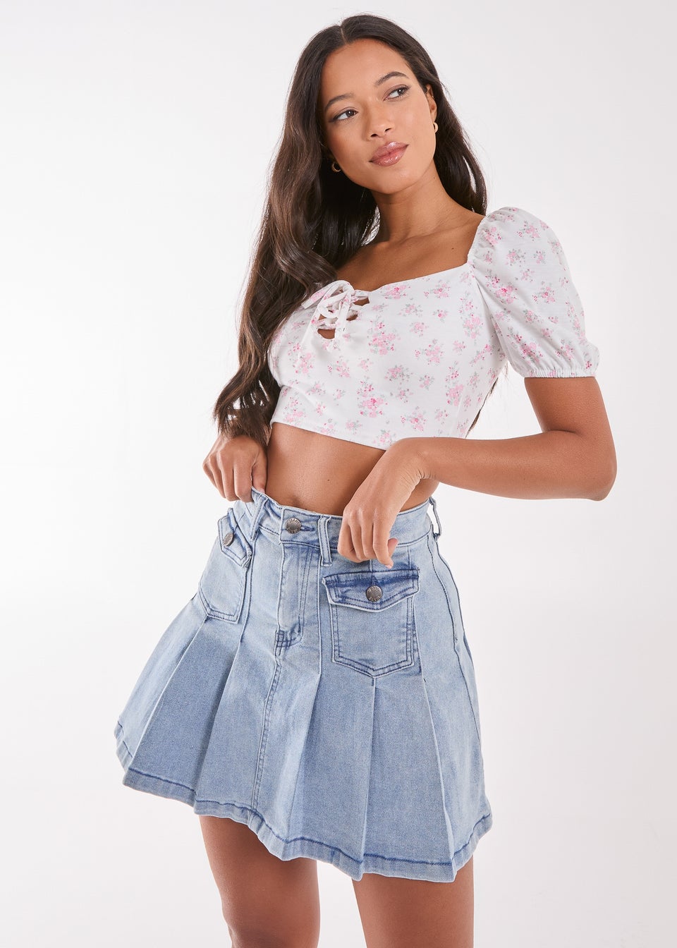 Pink Vanilla Pink Floral Puff Sleeve Crop Top