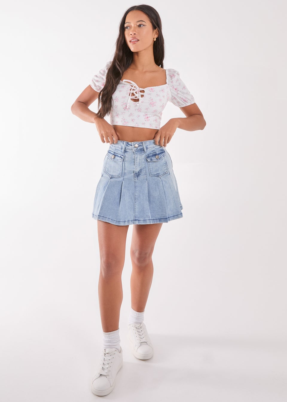 Pink Vanilla Pink Floral Puff Sleeve Crop Top
