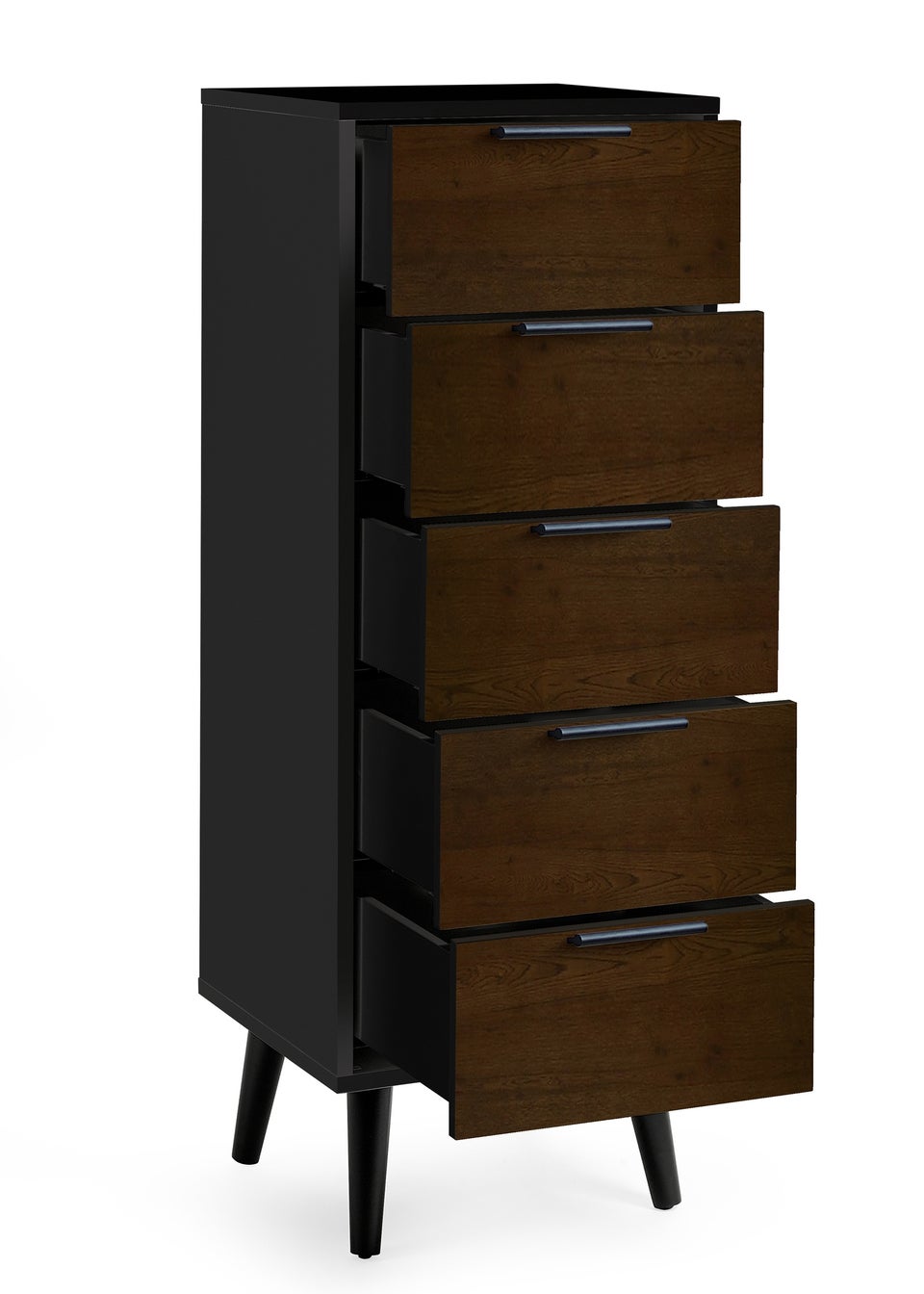 Julian Bowen Alba 5 Drawer Narrow Chest in Walnut and Black (120.5 x 45 x 40cm)
