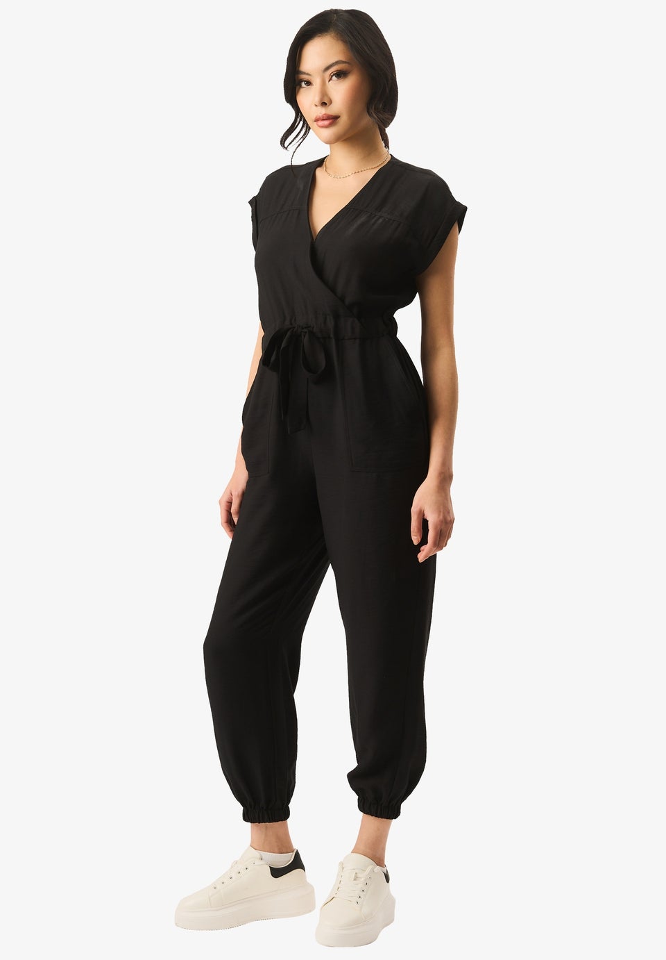 Gini London Black Waist Tie Pocket Detail Jumpsuit