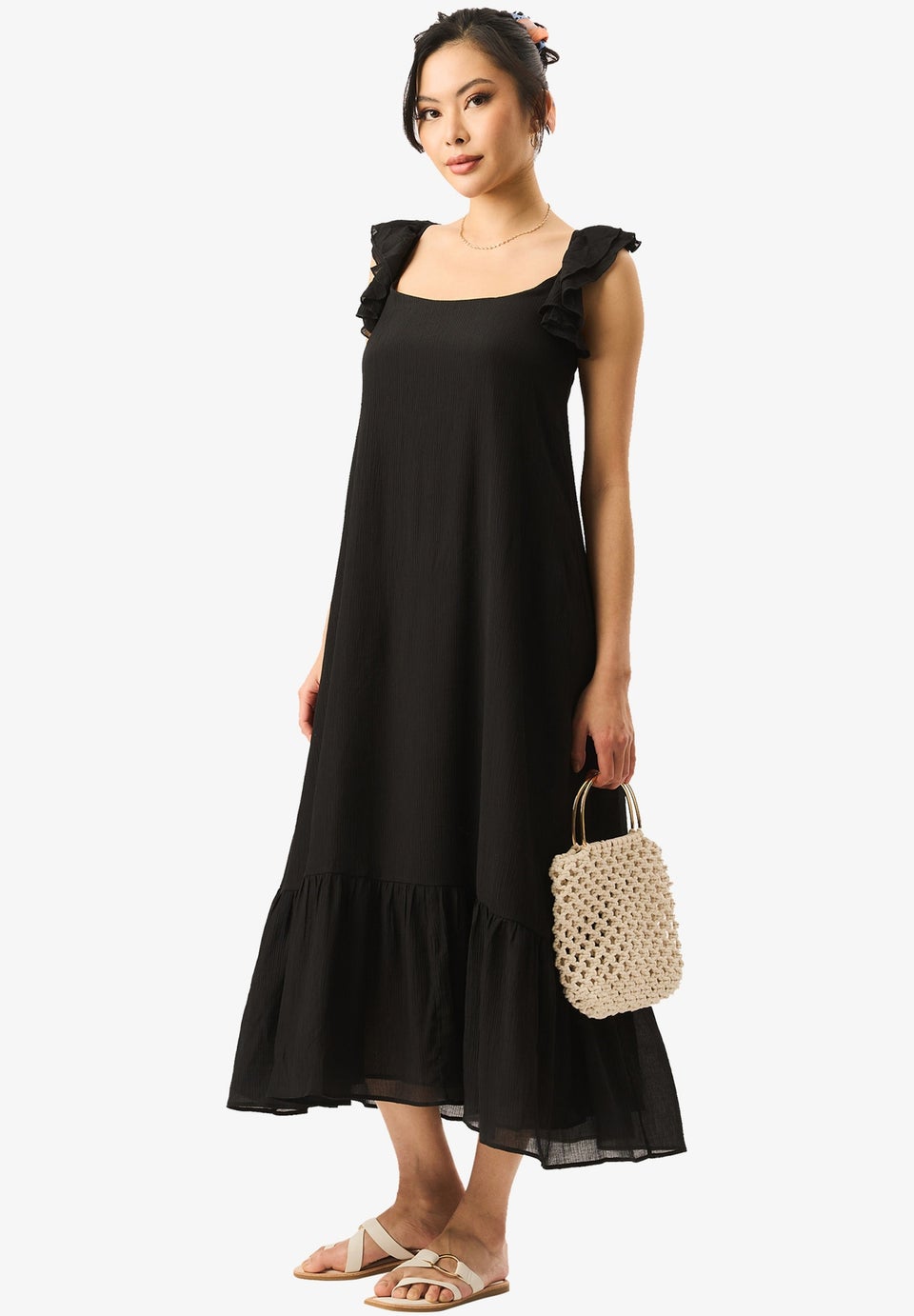 Gini London Black Ruffle Short Sleeve Maxi Dress