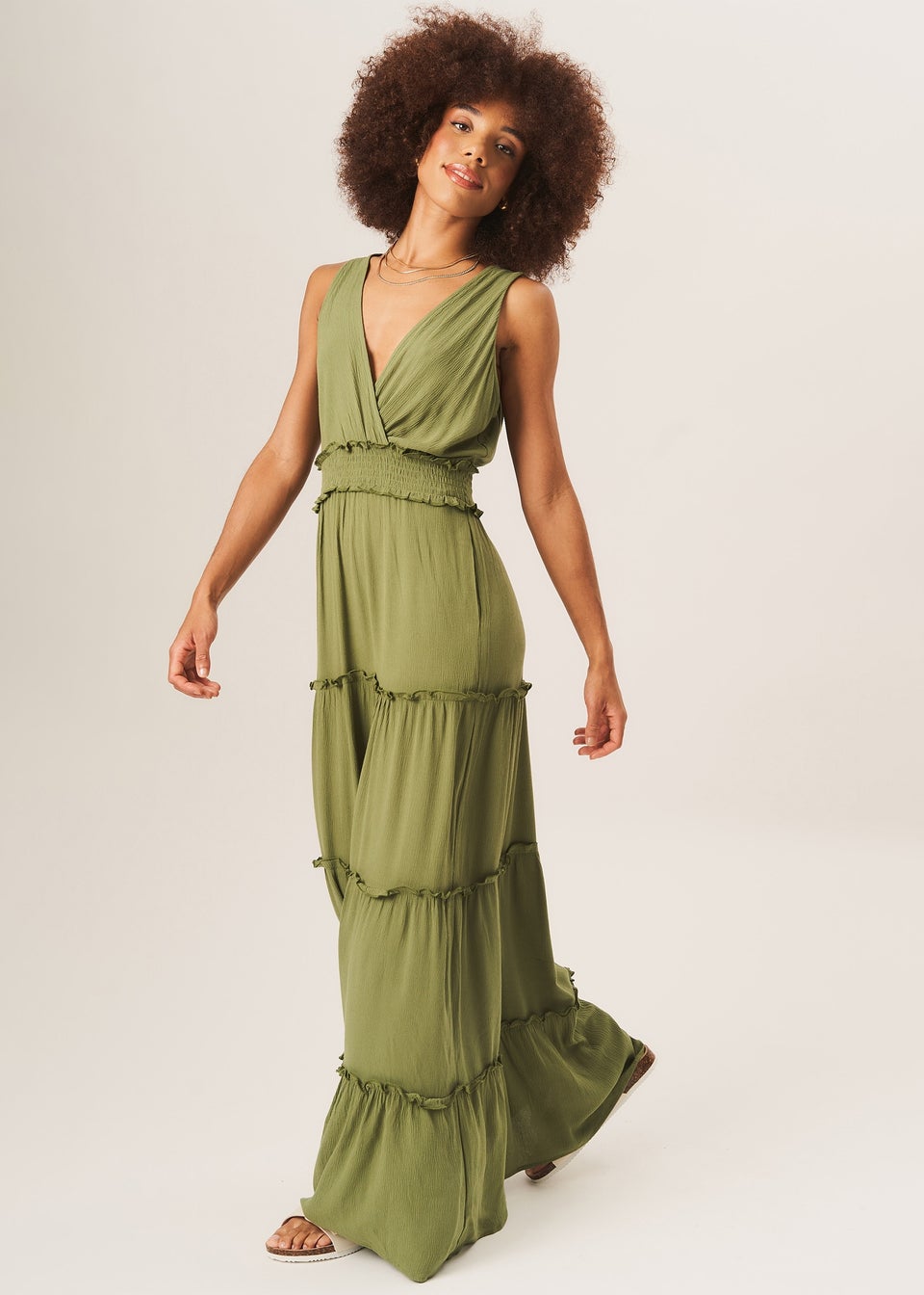 Gini London Khaki Shirred Waist Wrap Tiered Midi Dress