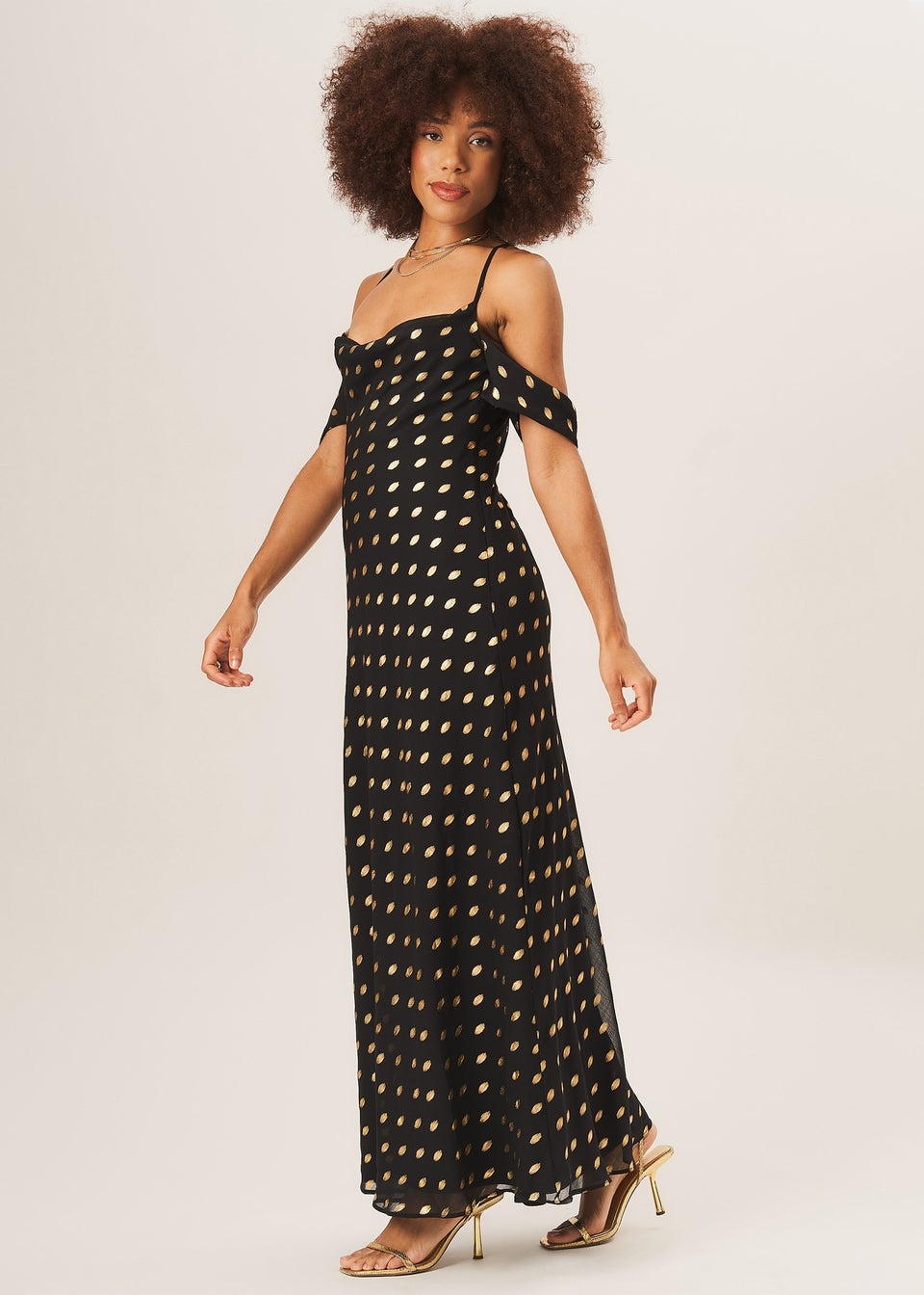 Gini London Black Cowl Neck Drop Sleeves Foil Maxi Dress