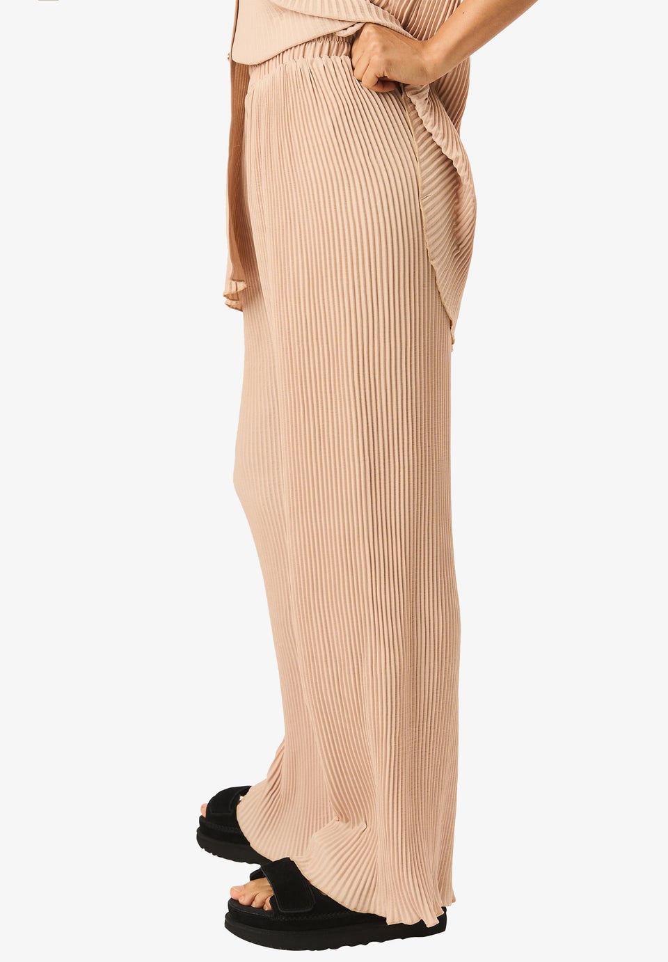 Gini London Beige Plisse Loungewear Wide Leg Trousers