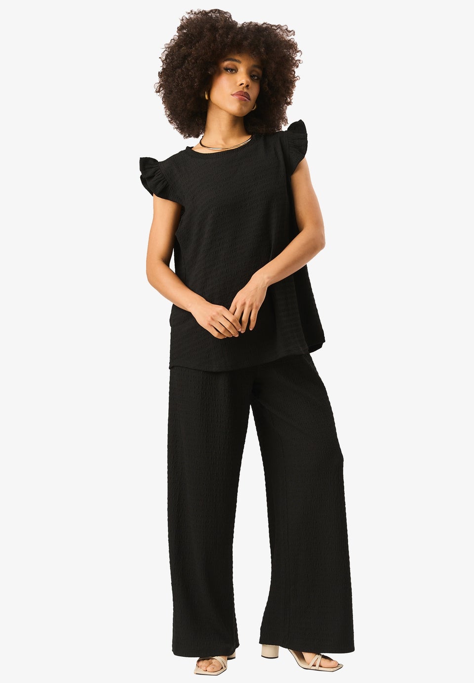 Gini London Black Frill Sleeves Textured Oversized Top