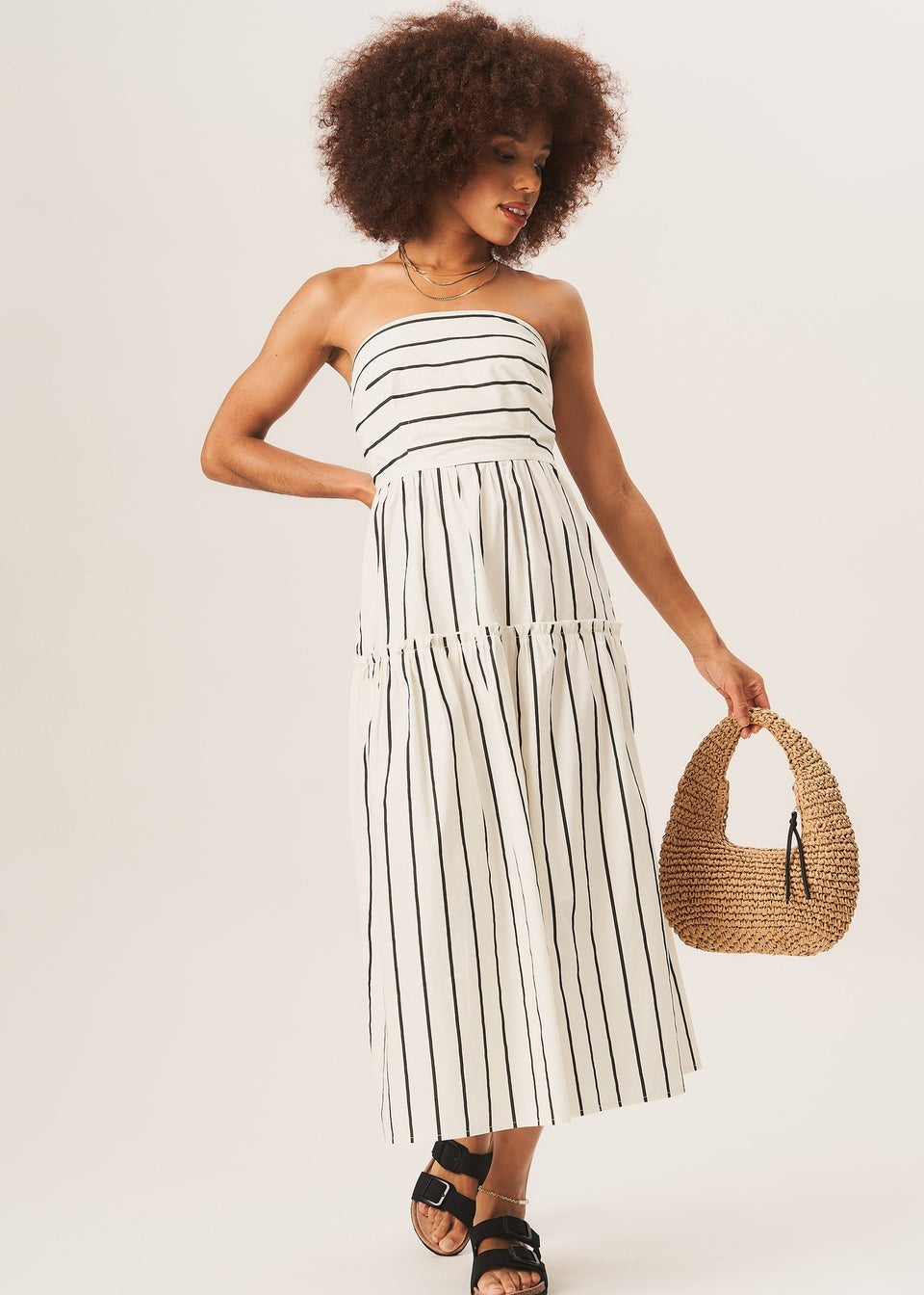 Gini London White Cotton Stripe Bandeau Skater Midi Dress