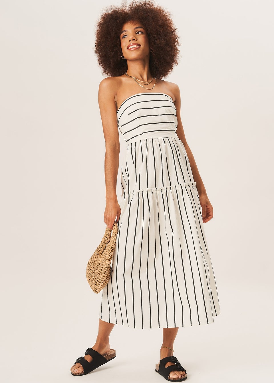 Gini London White Cotton Stripe Bandeau Skater Midi Dress