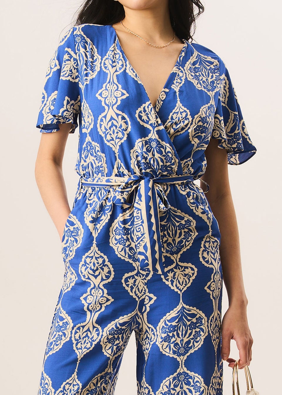 Gini London Blue Angel Sleeve Wrap Look Jumpsuit - Matalan