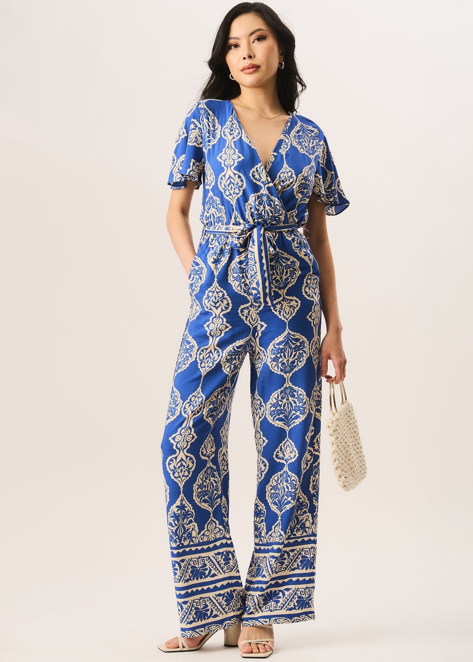 Gini London Blue Angel Sleeve Wrap Look Jumpsuit - Matalan