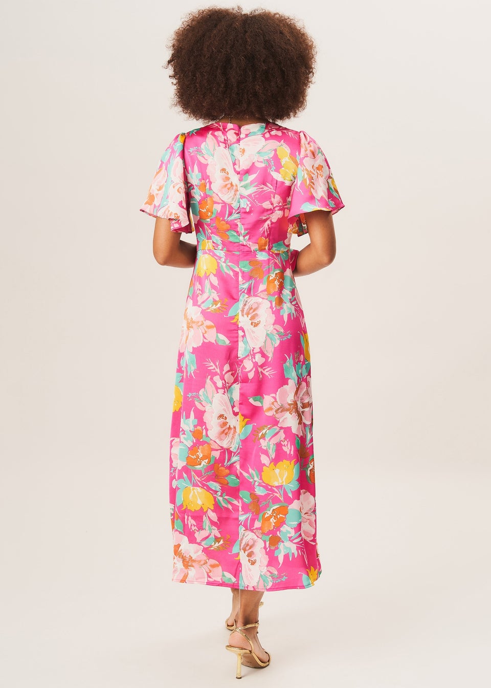 Gini London Pink Floral Print Angel Sleeves Midi Dress