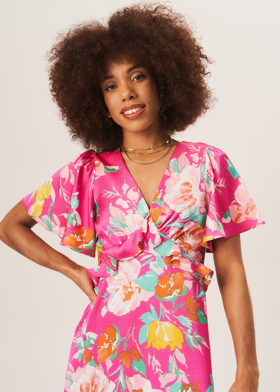 Gini London Pink Floral Print Angel Sleeves Midi Dress