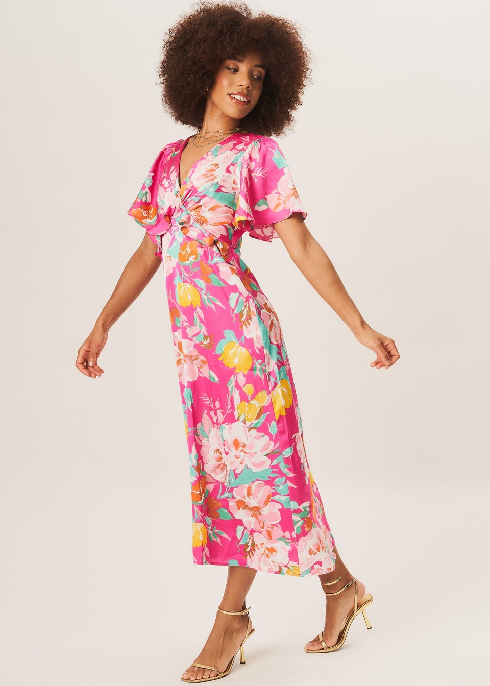 Gini London Pink Floral Print Angel Sleeves Midi Dress