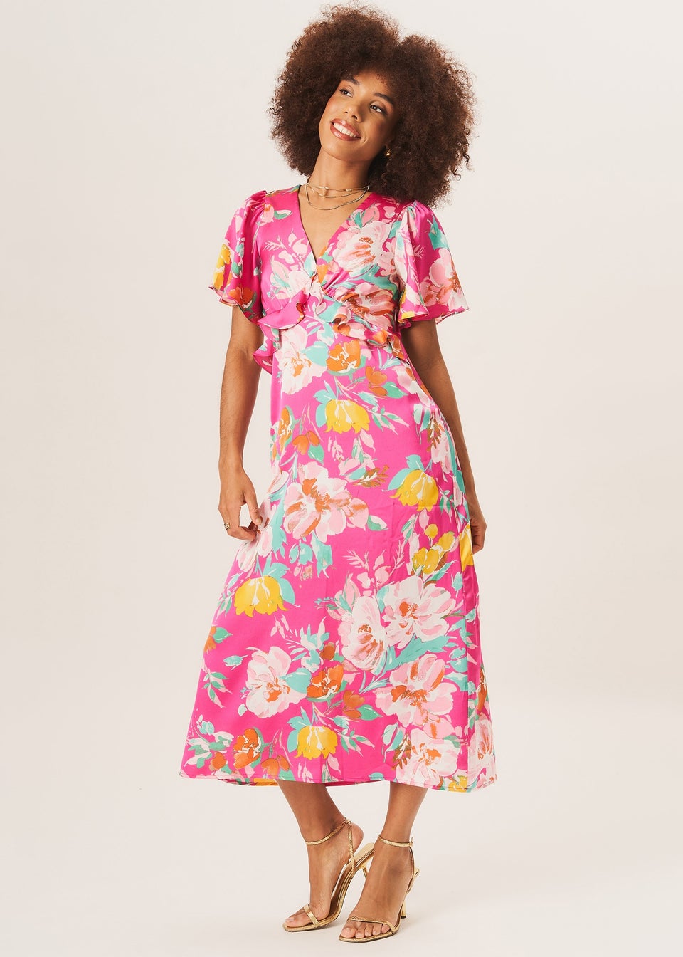 Gini London Pink Floral Print Angel Sleeves Midi Dress - Matalan