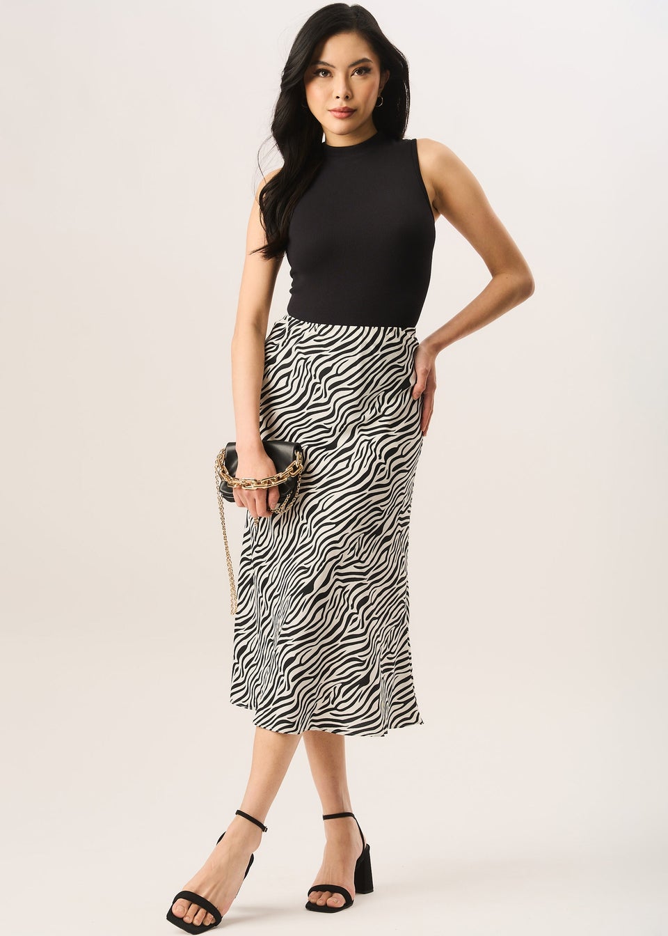 Gini London Mono Zebra Print Satin Bias Midi Skirt - Matalan