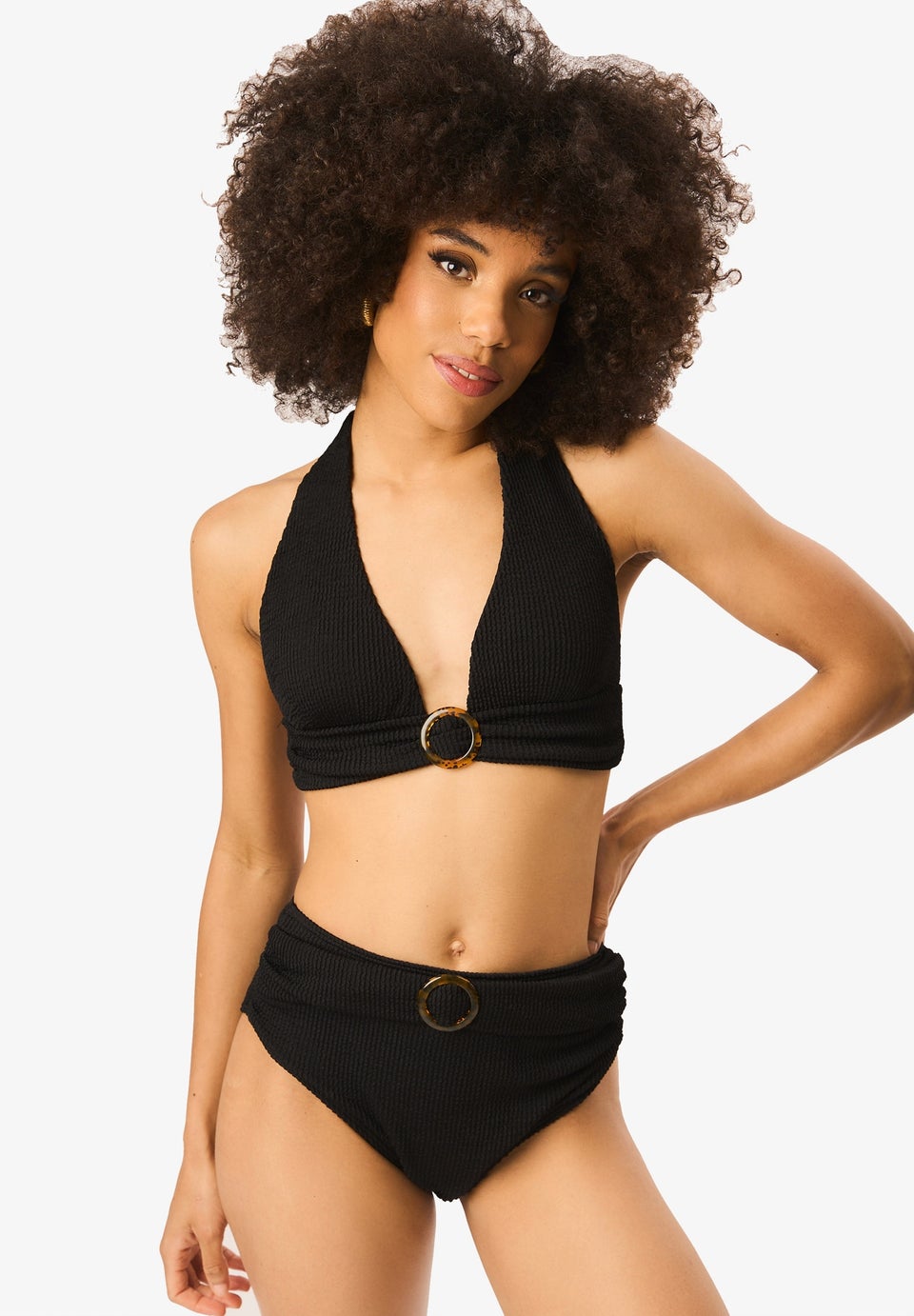 Gini London Black Textured High Waisted Bottoms With Ring Belt Detail