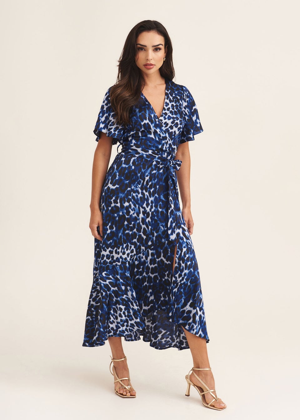 Gini London Blue Animal Print Angel Sleeve Midi Wrap Dress - Matalan