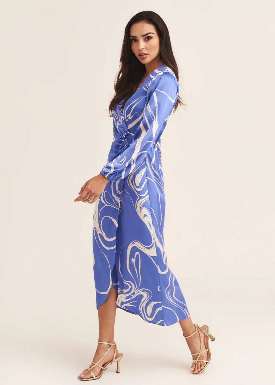 Gini London Blue Swirl Print Ring Detail Wrap Midi Dress
