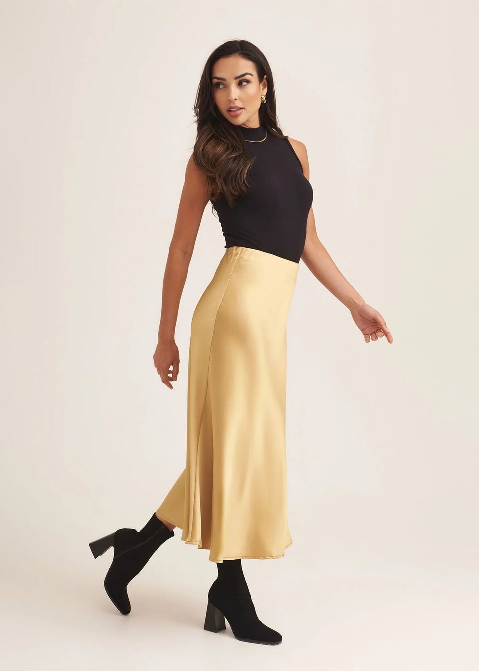 Gini London Sandy Gold Satin Bias Cut Midi Skirt - Matalan