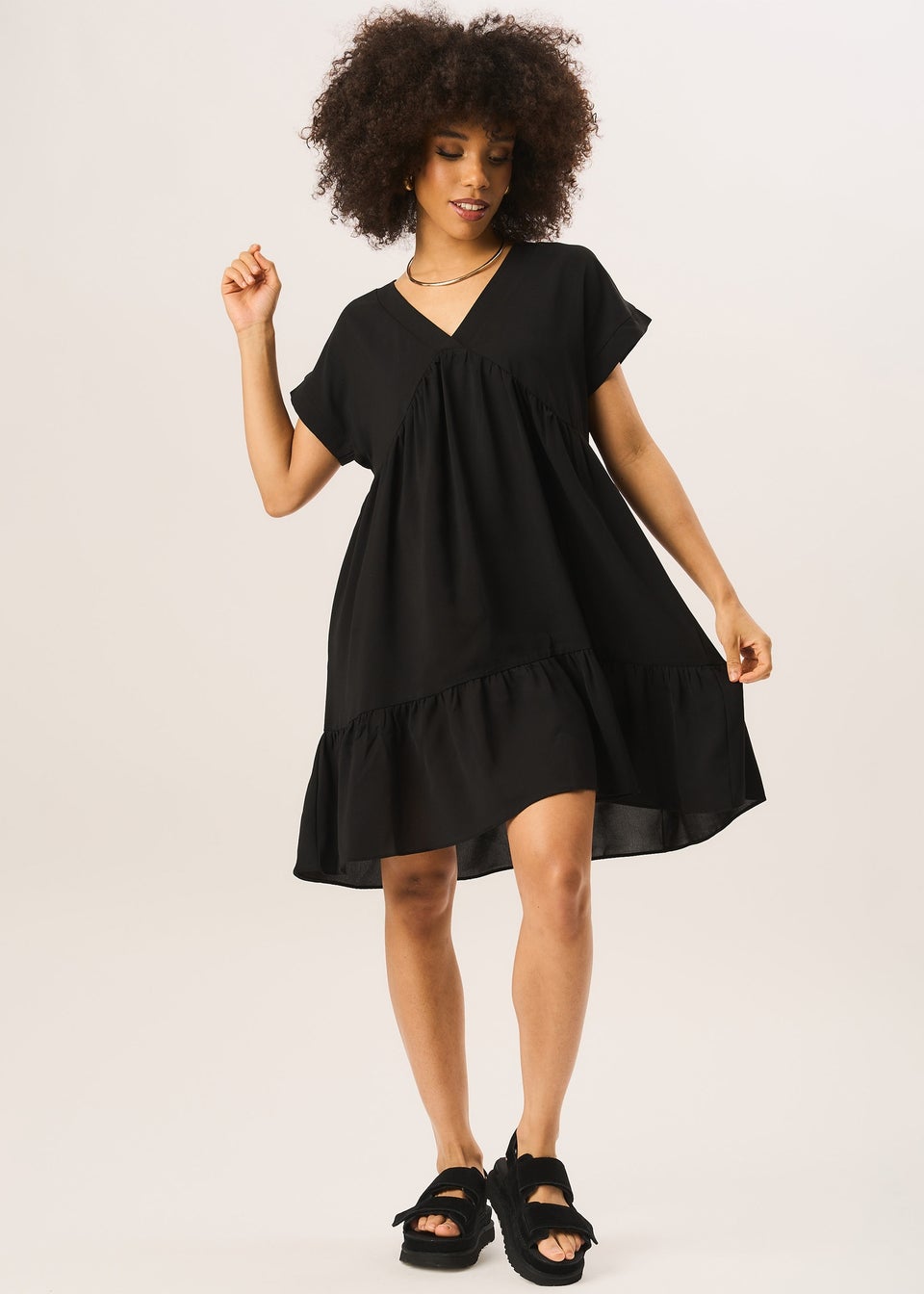 Gini London Black V Neck Tiered Mini Smock Dress Matalan