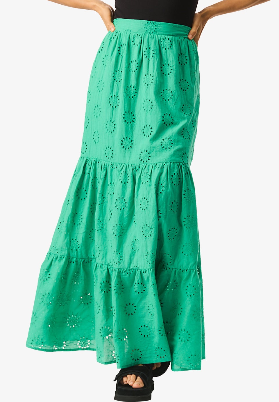 Gini London Green Tiered Lace Embroidered Long Skirt