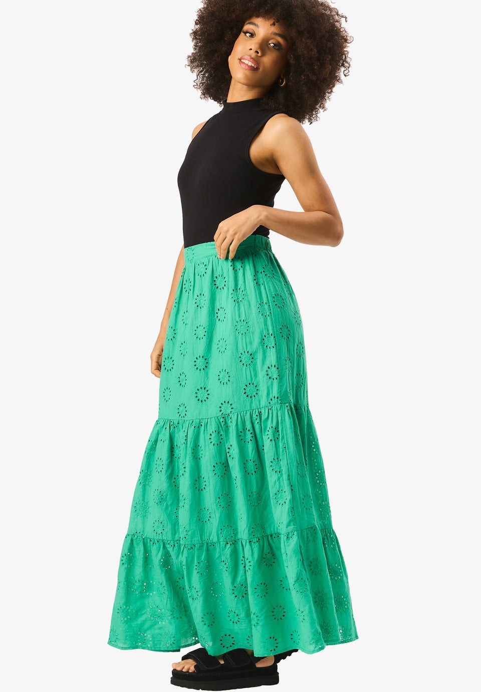 Gini London Green Tiered Lace Embroidered Long Skirt
