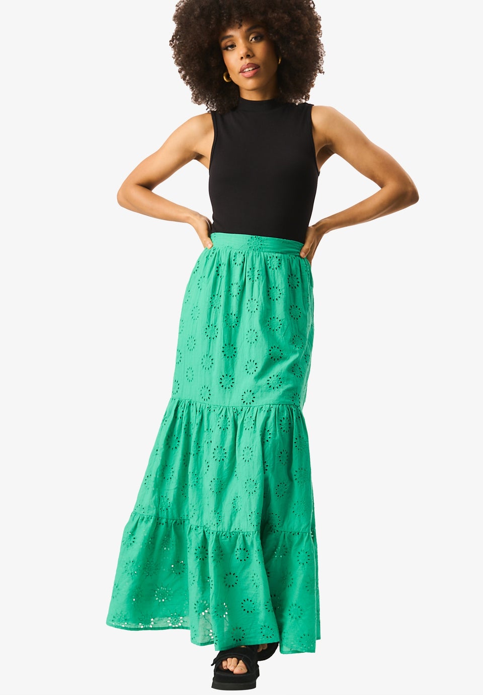 Gini London Green Tiered Lace Embroidered Long Skirt