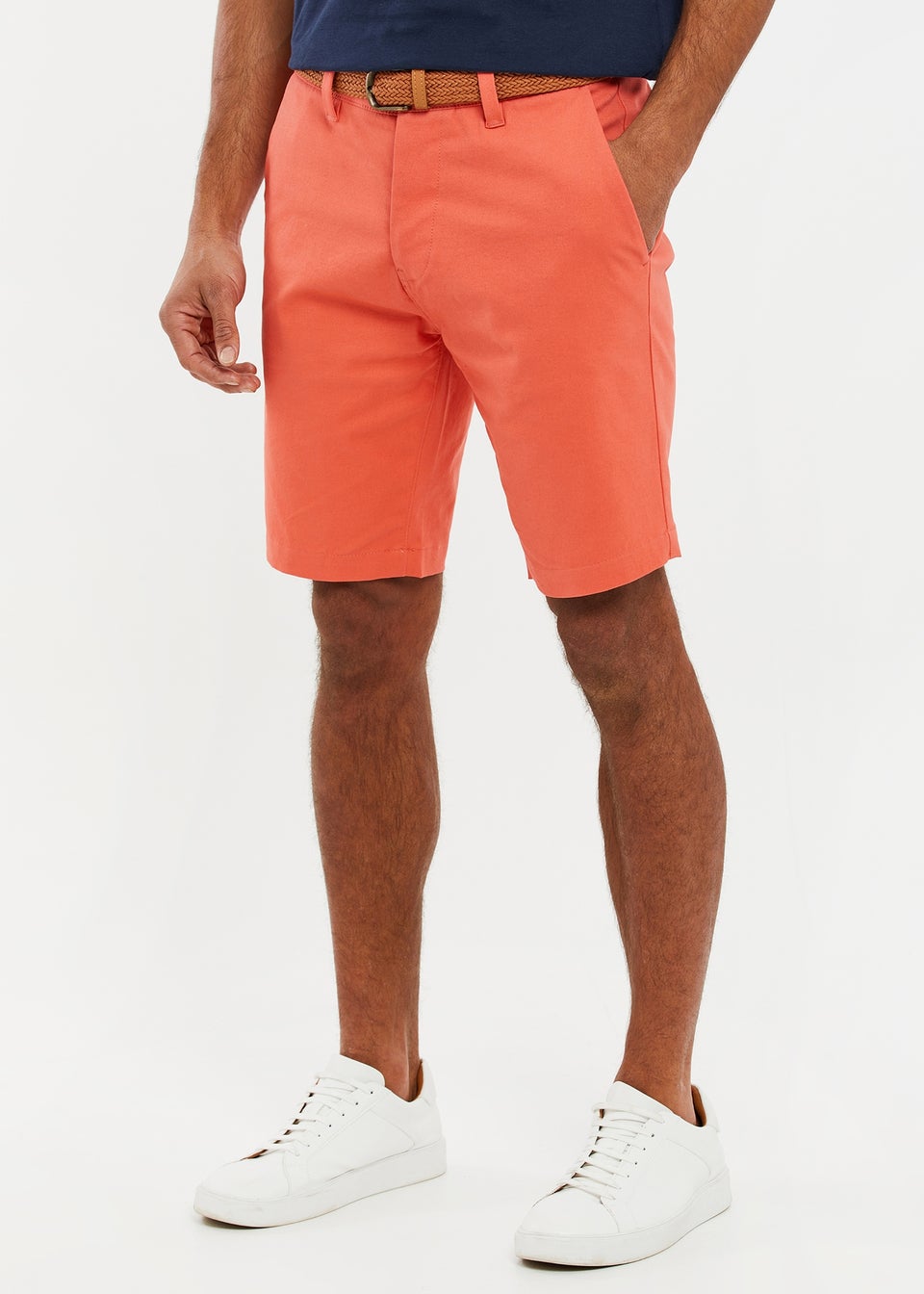 Threadbare Coral Cotton Turn-Up Chino Shorts with Woven Belt