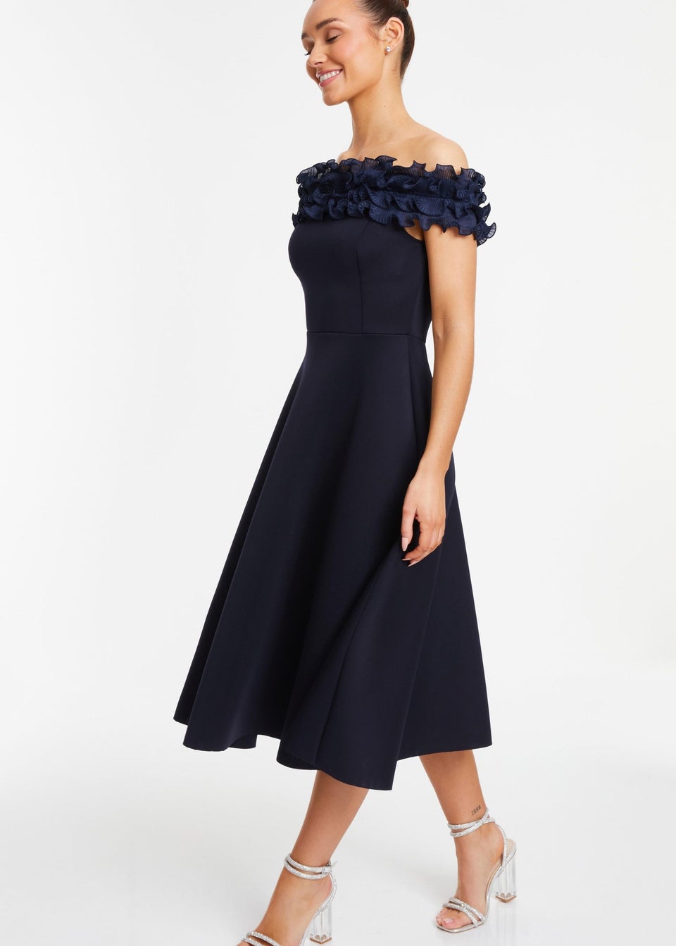 Quiz Blue Bardot Ruffle Skater Midi Dress