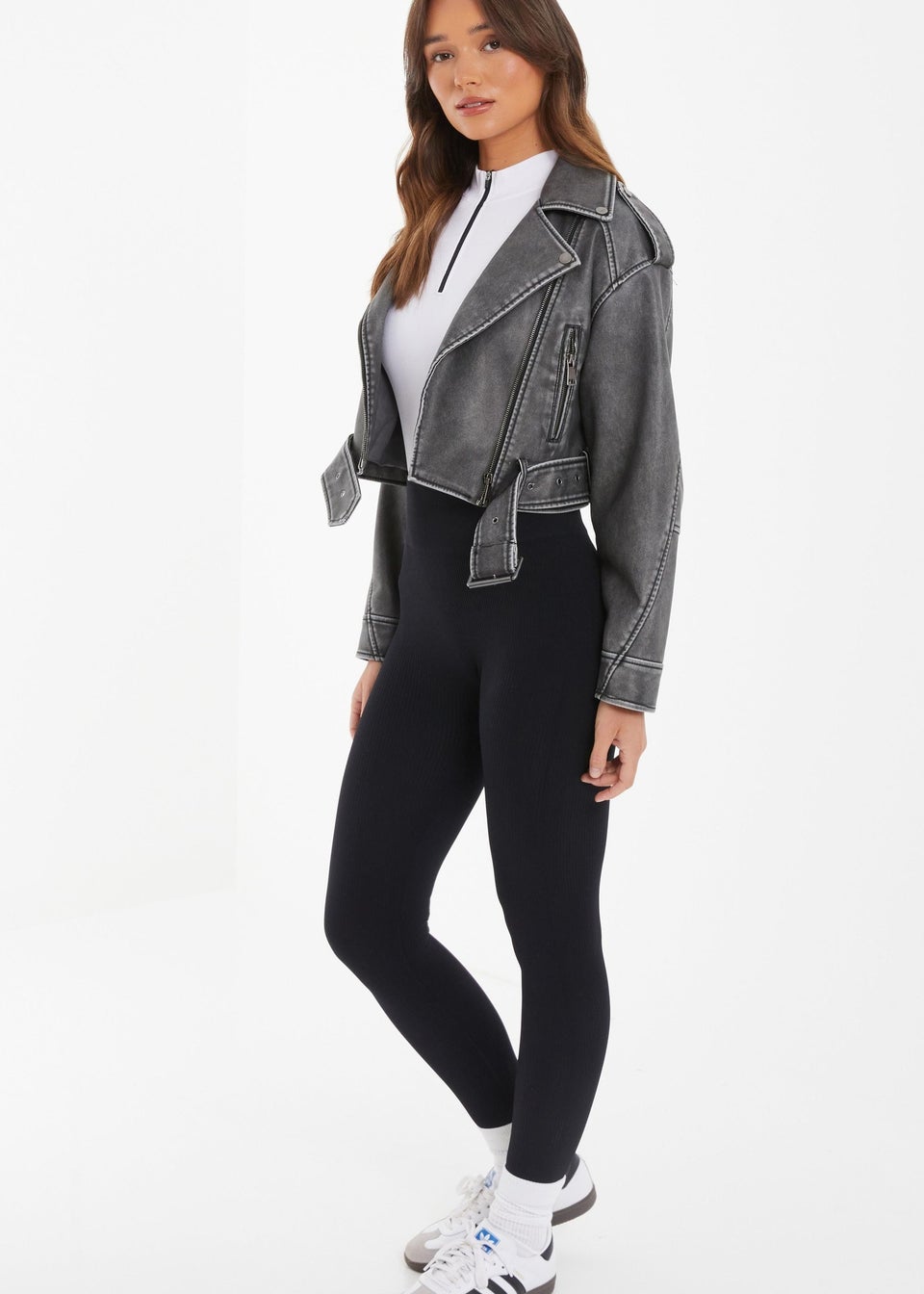 Quiz Grey Faux Leather Oversized Biker Jacket Matalan