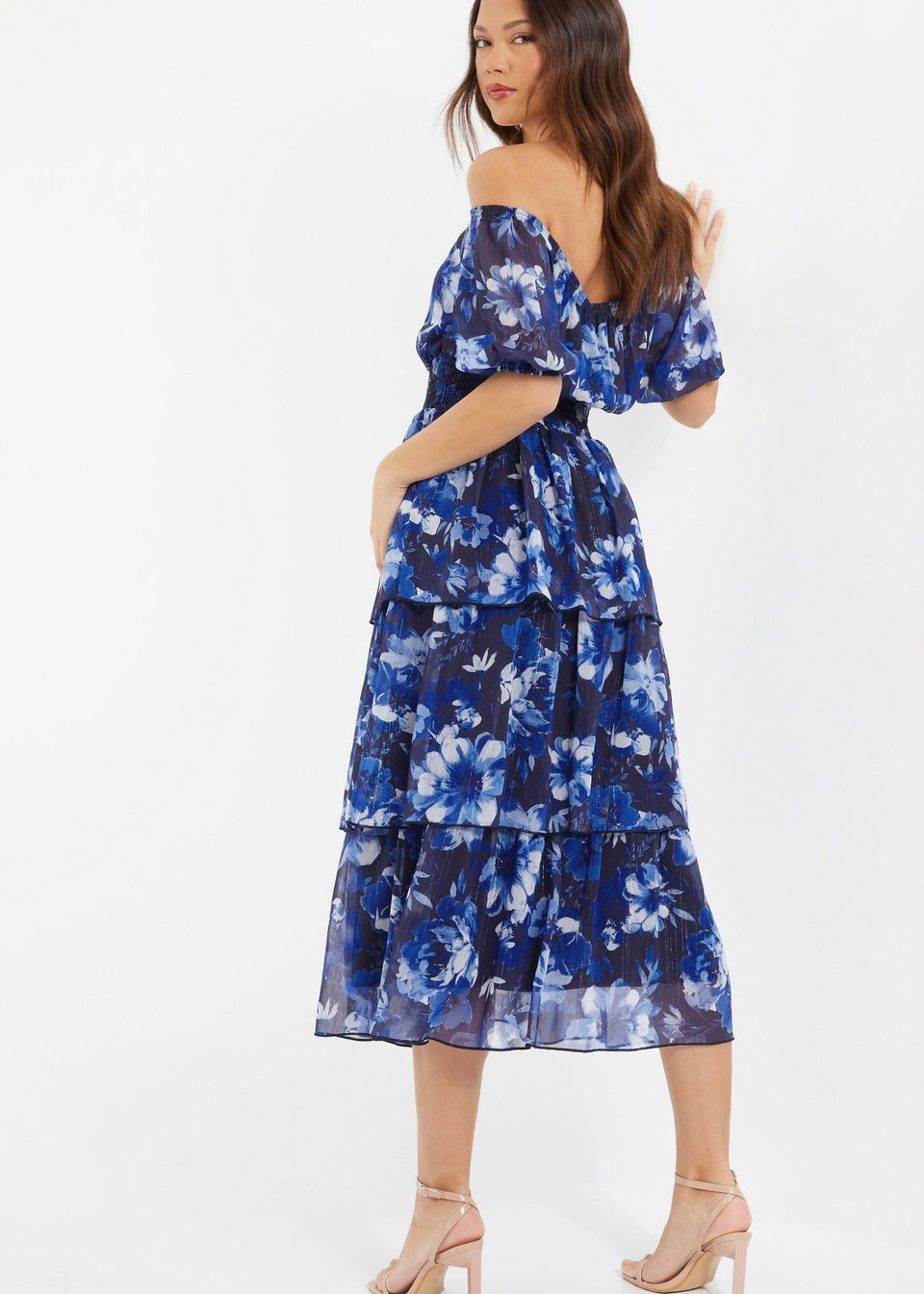 Quiz Blue Chiffon Floral Bardot Midi Dress Matalan